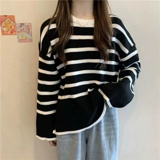 Damen gemütlicher Strickpullover mit Streifen R&B