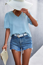 Damen ViskosR&Bluse mit modernem V-Ausschnitt und voluminösen Puffärmeln R&B
