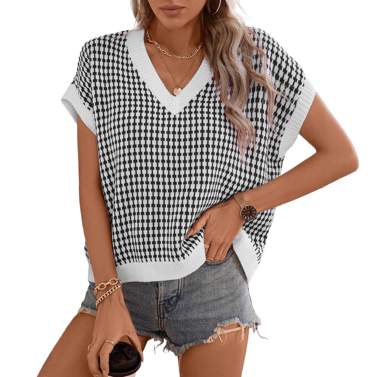 Damen lässiger V-Ausschnitt Pullover mit geometrischem Muster R&B