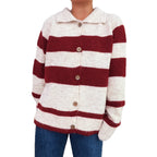 Damen gemütliche Strickjacke mit dekorativen Holzknochen und breiten Streifen R&B