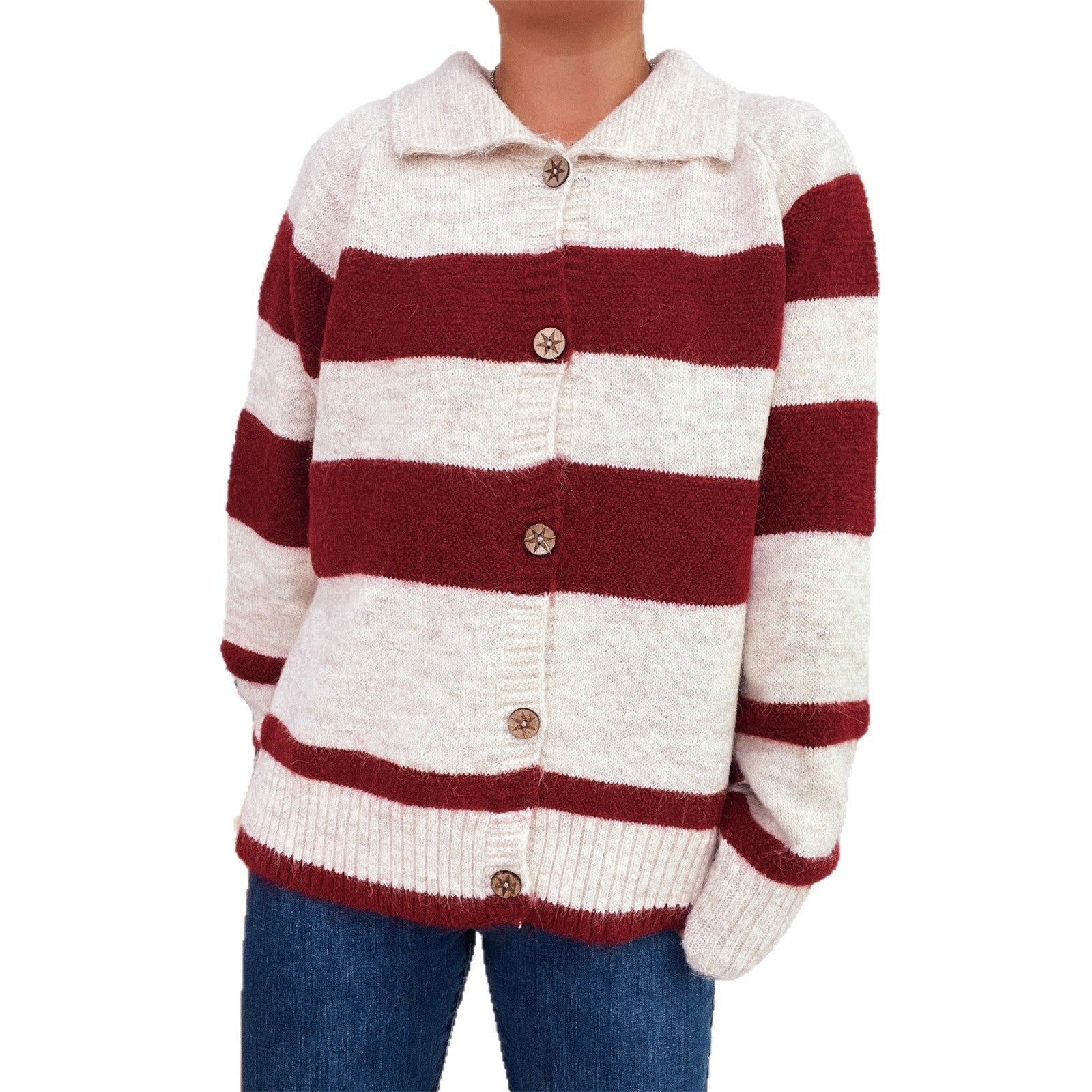 Damen gemütliche Strickjacke mit dekorativen Holzknochen und breiten Streifen R&B