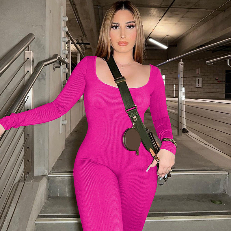 Damen Figurbetontes Langarm-Jumpsuit aus Rippmaterial R&B