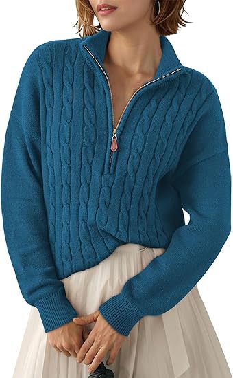 Damen Grobstrick Pullover mit Stehkragen und halbem Reißverschluss R&B