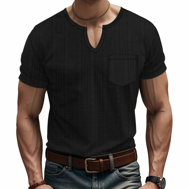 Herren Kurzarm-Henley-T-Shirt mit modernem V-Ausschnitt und praktischer Brusttasche R&B