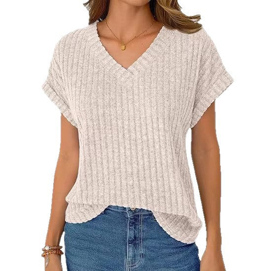Damen lässiges V-Ausschnitt T-Shirt mit Streifenstruktur R&B