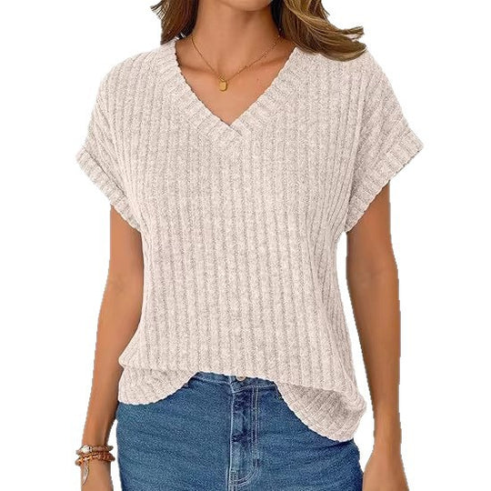 Damen lässiges V-Ausschnitt T-Shirt mit Streifenstruktur R&B