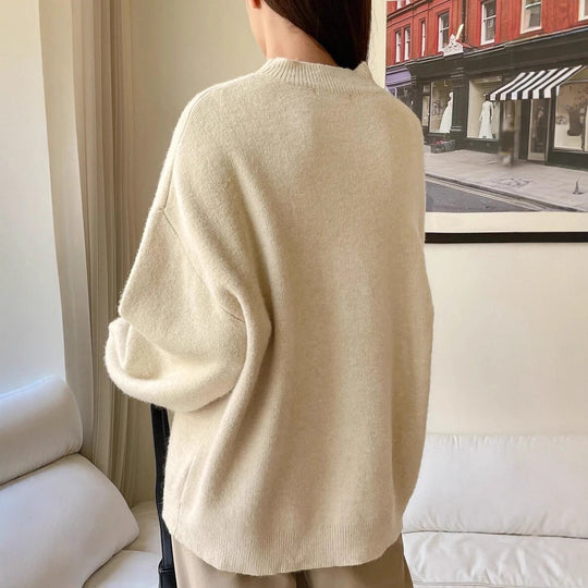 Damen oversized Strickpullover mit Rundhalsausschnitt und breiten Ärmeln R&B