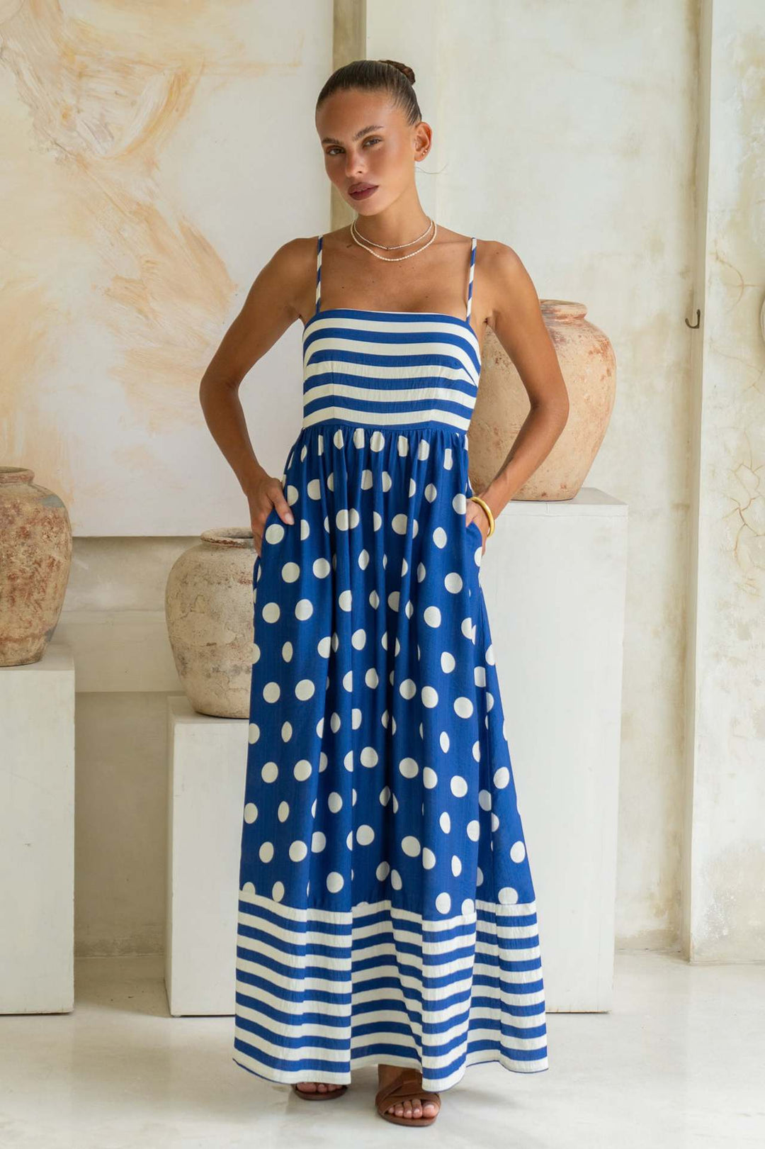 Damen Maxikleid mit verspieltem Streifendesign und großen Punkten R&B