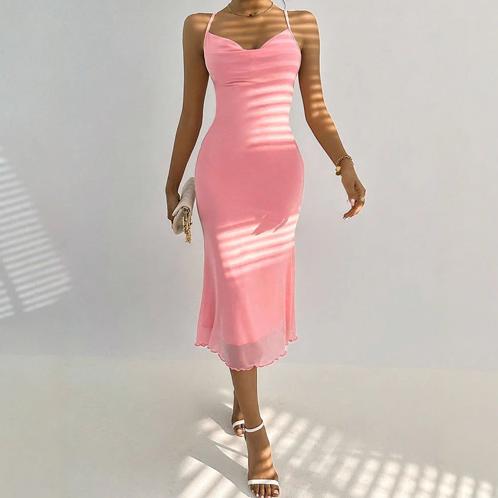 Damen Maxikleid mit zarten Spaghettiträgern und transparentem Saum R&B