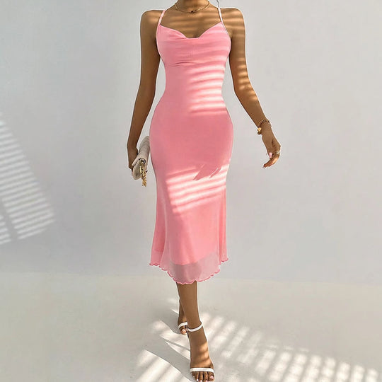 Damen Maxikleid mit zarten Spaghettiträgern und transparentem Saum R&B