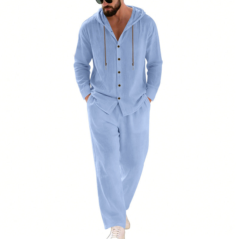 Herren nan zweiteiliges Lounge-Set mit Knopf-Kapuzenhemd aus Kreppjersey und gerader Tunnelzughose R&B