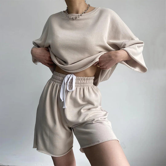 Damen lässiges Crop-Top und Shorts-Set mit weitem Schnitt R&B