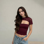 Damen Crop-Top mit Spitzenärmel und figurbetontem Schnitt R&B