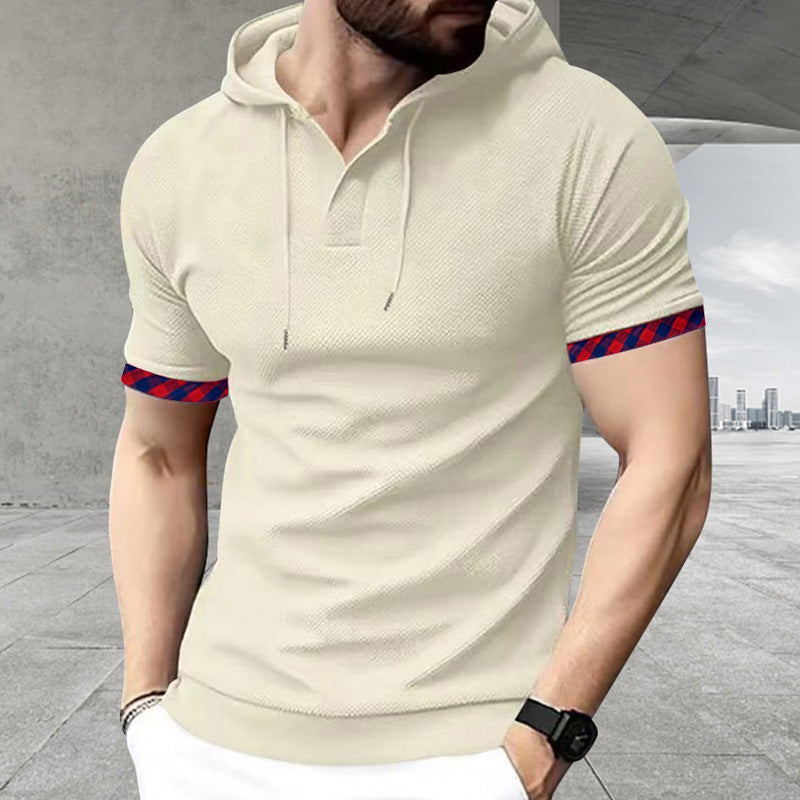 Herren nan schmal geschnittenes Kurzarm-Kapuzenshirt im Polostil mit Henley-Ausschnitt und karierter Ärmelmanschette R&B