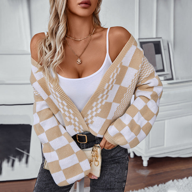 Damen lässige Strickjacke im modischen Karomuster R&B