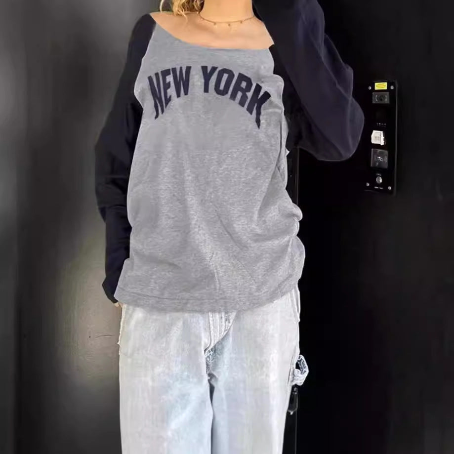 Damen Lässiges Sweatshirt mit modischem Schriftzug und kontrastierenden Ärmeln R&B