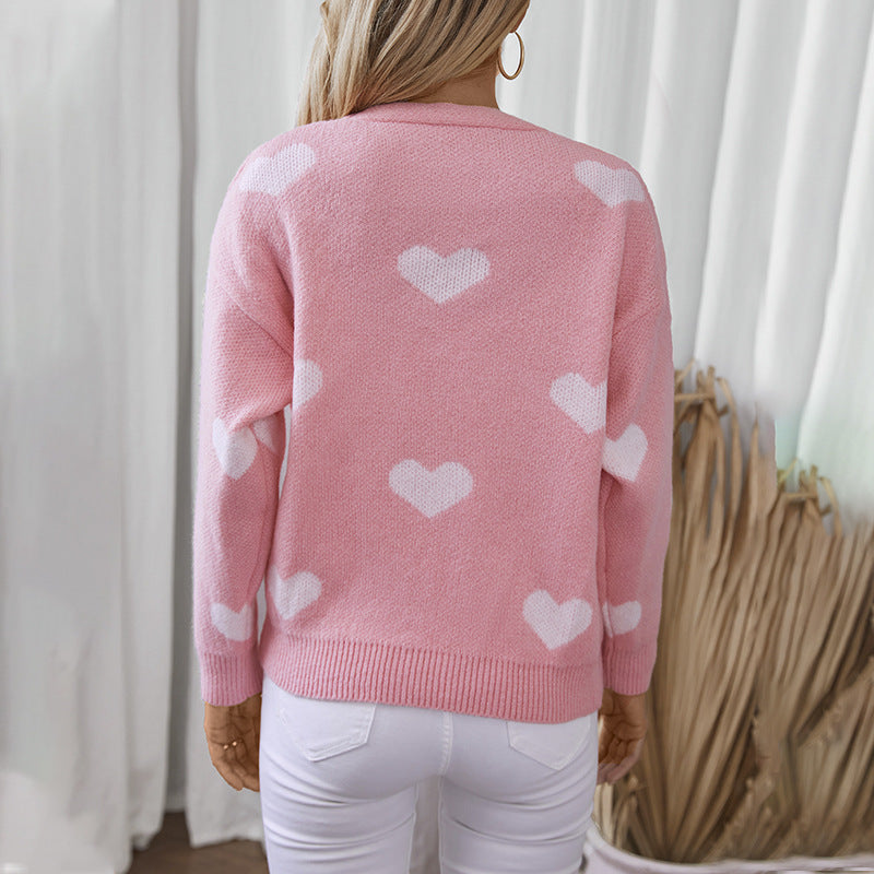 Damen modische Strickjacke mit Herzmotiven und Knöpfen R&B