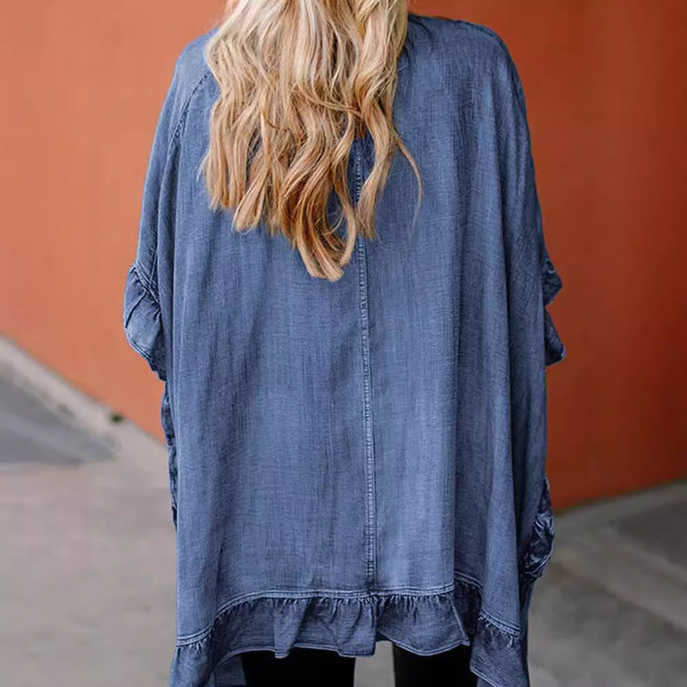 Damen lässiger Jeans-Cape mit voluminösen Rüschendetails R&B