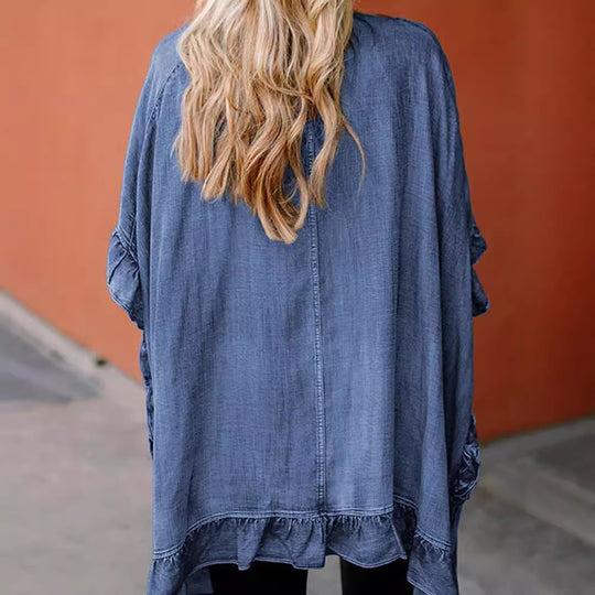 Damen lässiger Jeans-Cape mit voluminösen Rüschendetails R&B
