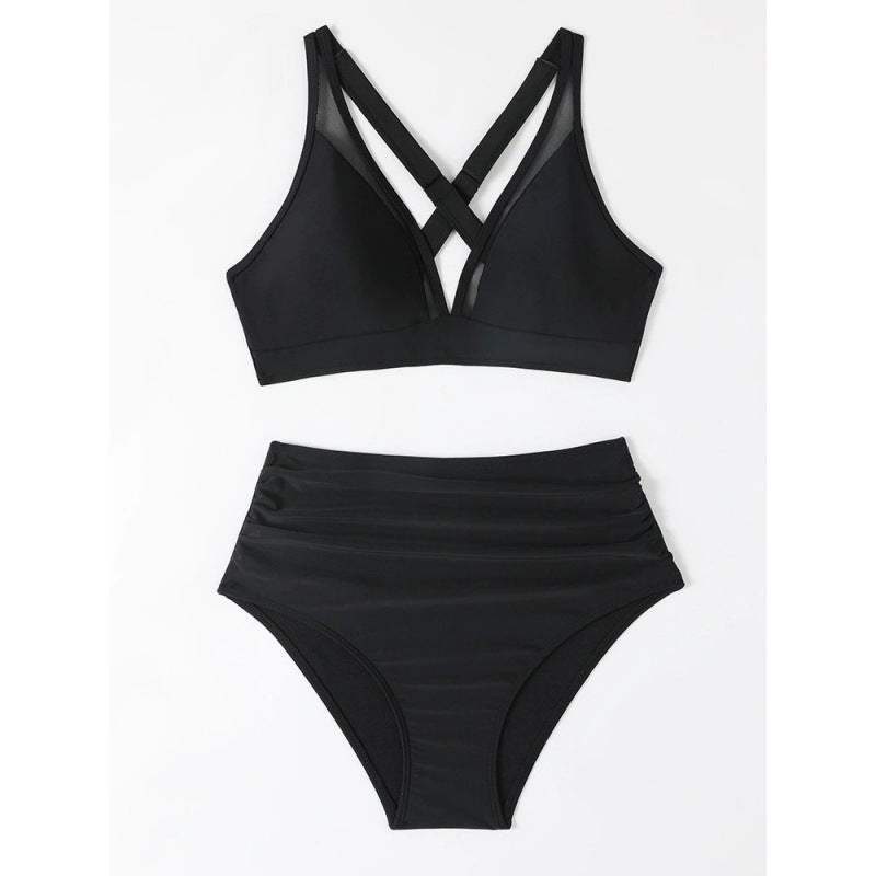 Damen Bikini-Set mit hoch geschnittenem Höschen und modernem Kreuz-Riemen-Design R&B