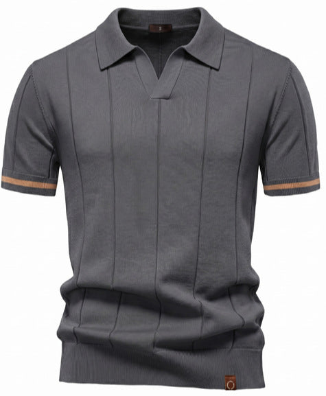 Herren nan strukturiertes Feinstrickpoloshirt mit offenem Reverskragen R&B