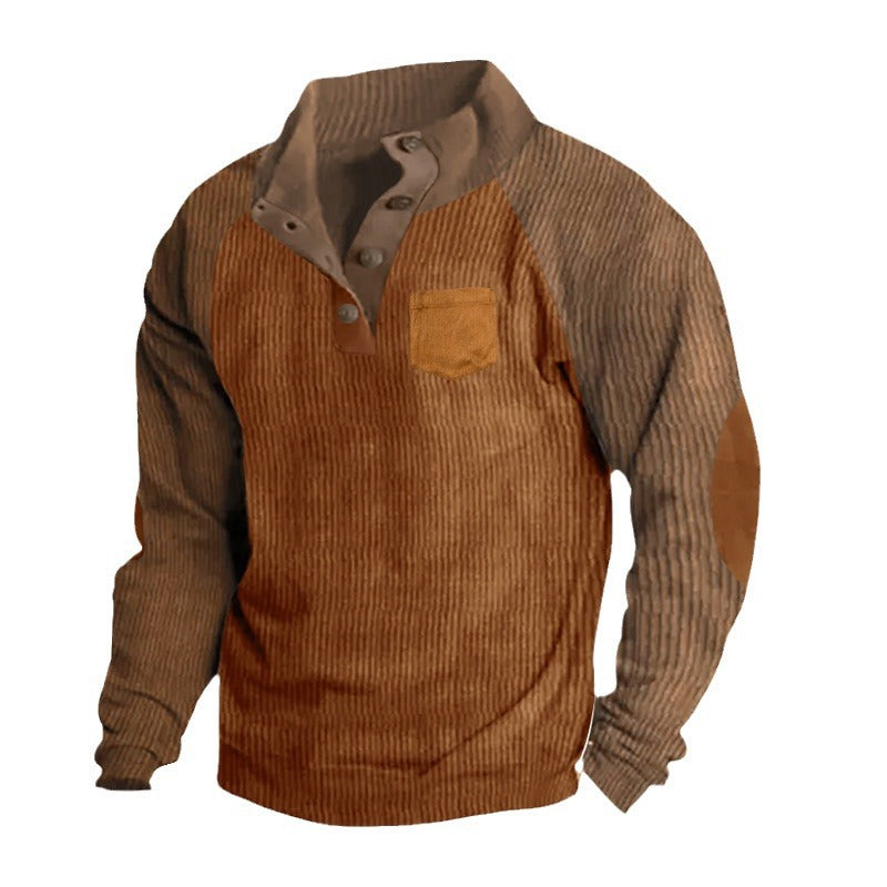 Herren nan strukturierter Halbknopf-Strickpullover im Cord-Look mit Raglanärmeln, aufgesetzter Brusttasche und Ellenbogenpatches R&B
