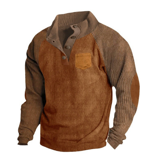 Herren nan strukturierter Halbknopf-Strickpullover im Cord-Look mit Raglanärmeln, aufgesetzter Brusttasche und Ellenbogenpatches R&B