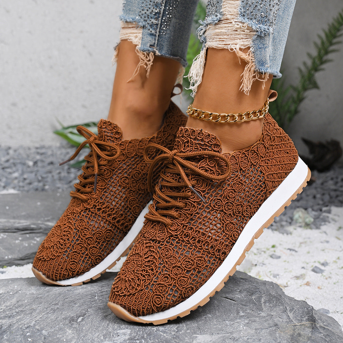 Damen Atmungsaktive Freizeitsneaker mit floralem Netzdesign R&B