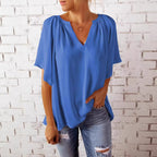 Damen lockeres Blusenshirt mit V-Ausschnitt und luftigen Ärmeln R&B
