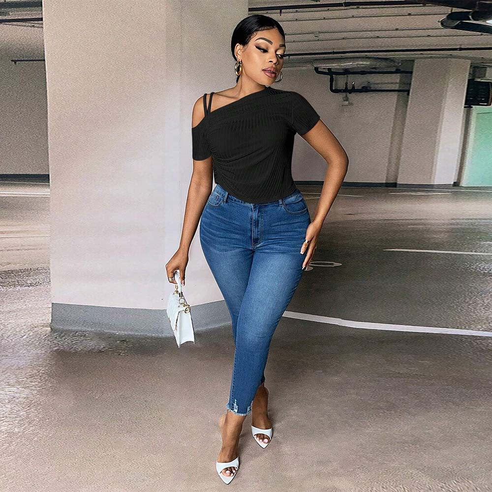 Damen asymmetrisches Oberteil mit dekorativem Rüschendetail und leichtem Stretch R&B
