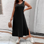 Damen luftiges Maxikleid mit V-Ausschnitt und seitlichem Schlitz R&B