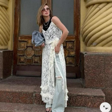 Damen Spitzenkimono mit offener Front und Rüschendetails R&B