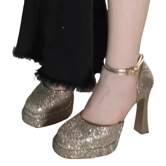 Damen Glitzernde Platin-Pumps mit hohem Absatz und verstellbarem Riemchen R&B