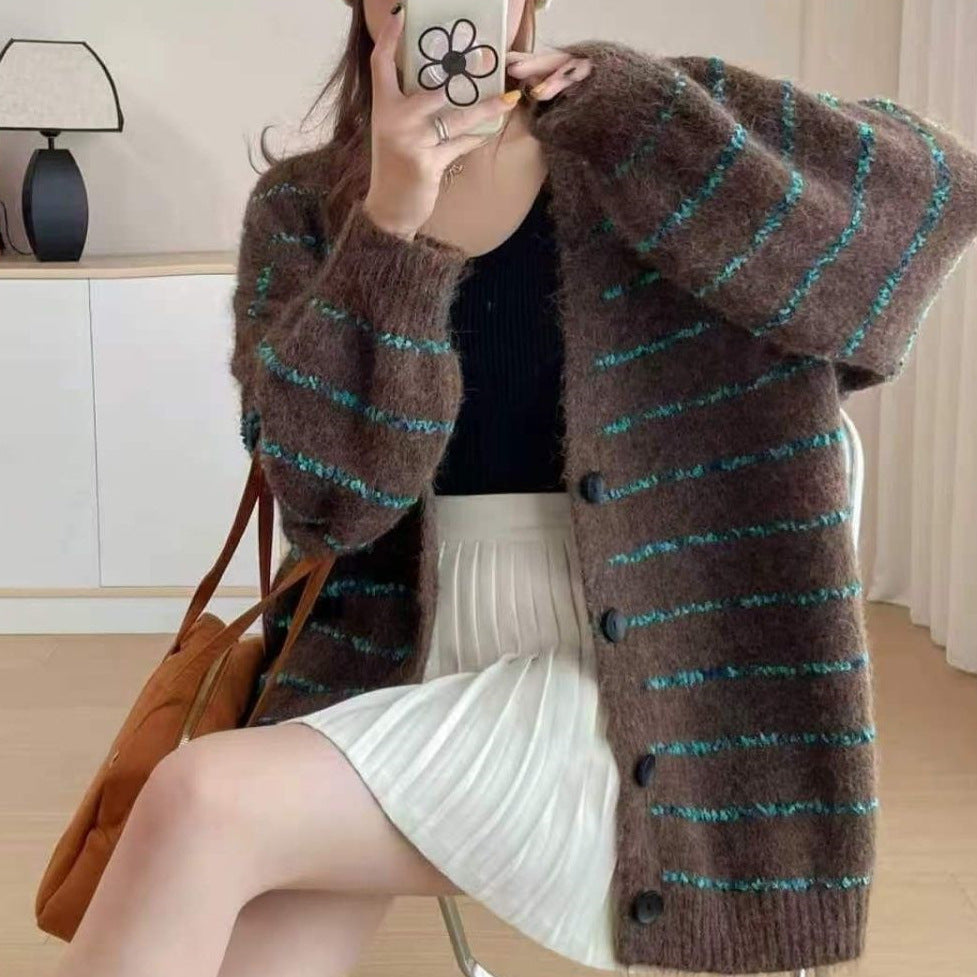 Damen Gemusterte Strickjacke mit sanften Puffärmeln und Knopfleiste