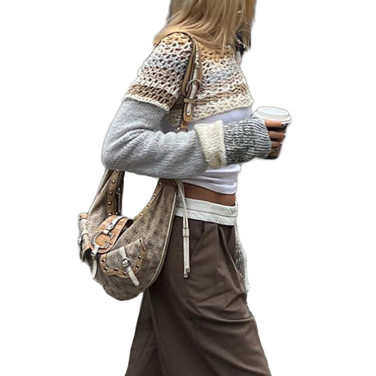 Damen gehäkeltes Crop-Top mit langem Arm und bunten Streifen R&B