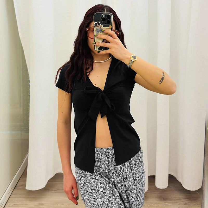 Damen elegantes Wickeloberteil mit dekorativem Knoten und tiefem V-Ausschnitt R&B