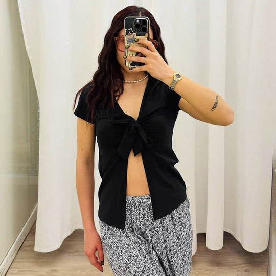 Damen elegantes Wickeloberteil mit dekorativem Knoten und tiefem V-Ausschnitt R&B