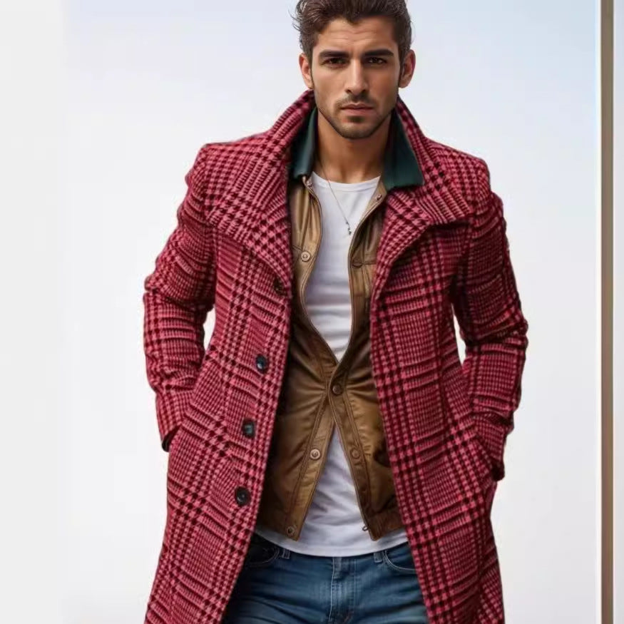 Herren eleganter Karomantel mit großflächigen Taschen und hohem Kragen R&B