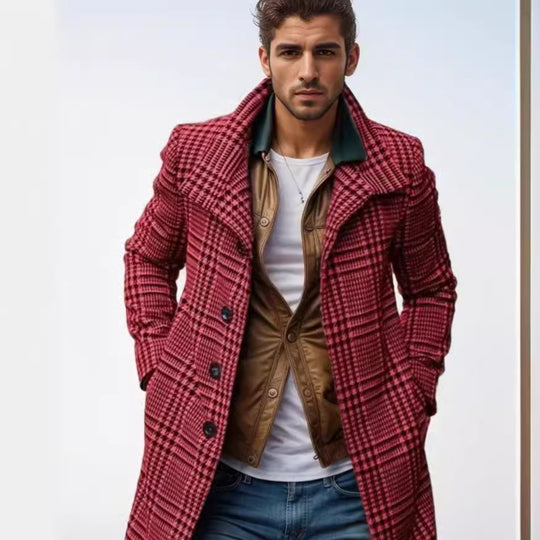 Herren eleganter Karomantel mit großflächigen Taschen und hohem Kragen R&B