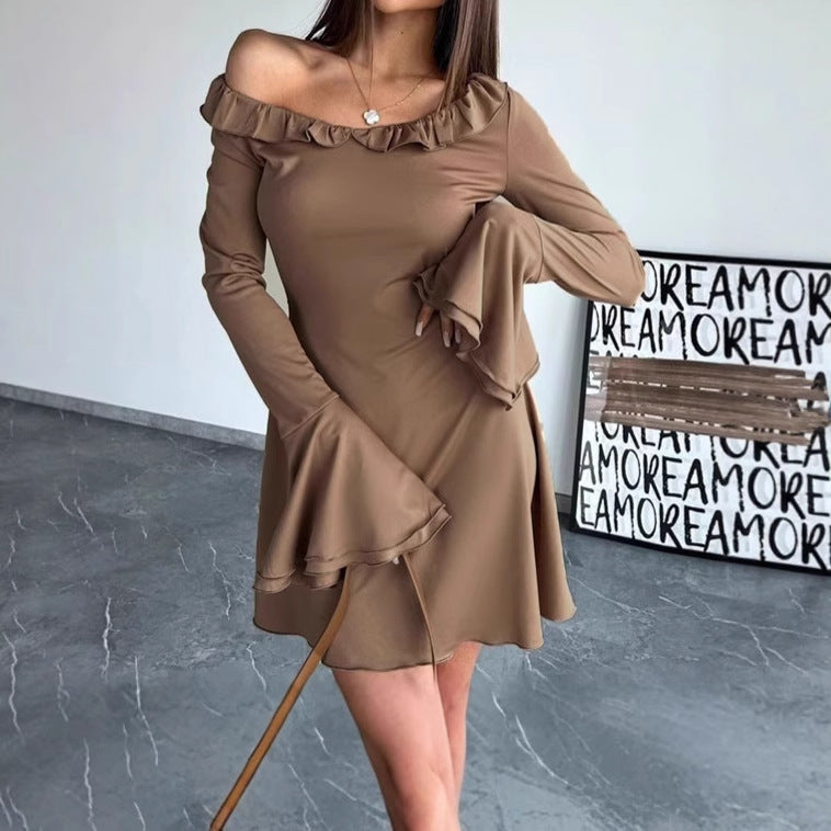 Damen Off-Shoulder Kleid mit Rüschendetails und Weit Ärmel R&B