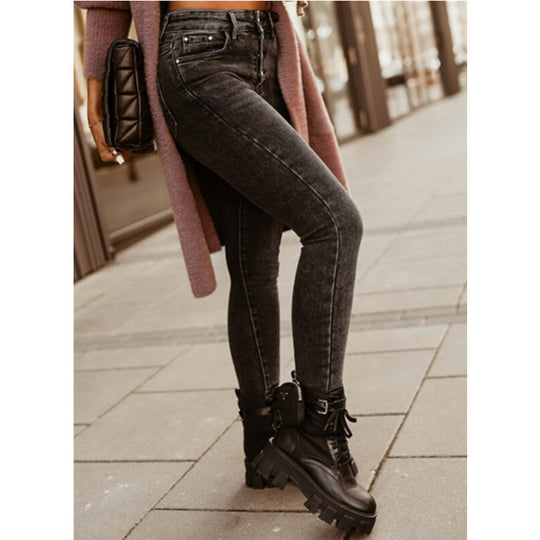 Damen figurbetonte Jeans mit hoher Taille und klassischem Knopfverschluss R&B