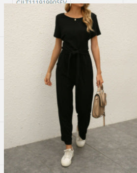Damen Jumpsuit mit Bindegürtel und weitem Bein R&B