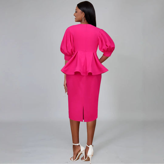 Damen elegantes A-Linien Kleid mit modischen Puffärmeln und floralem Akzent R&B