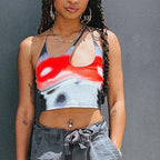 Damen Crop-Top mit asymmetrischem Trägerdesign und lR&Bhaftem Grafikdruck R&B