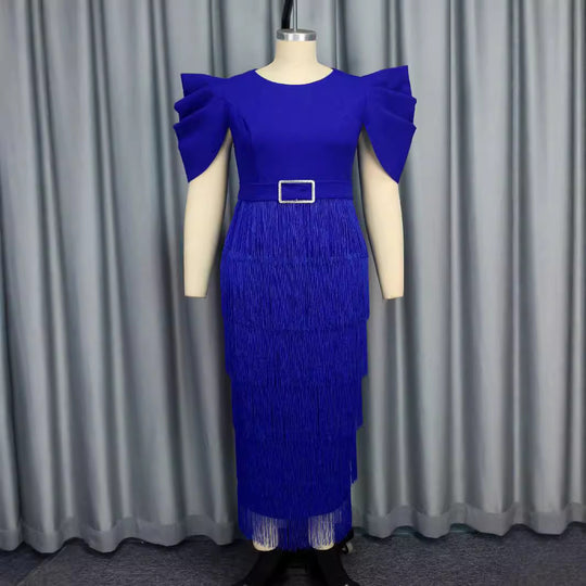 Damen Elegantes Fransen-Maxikleid mit voluminösen Puffärmeln R&B