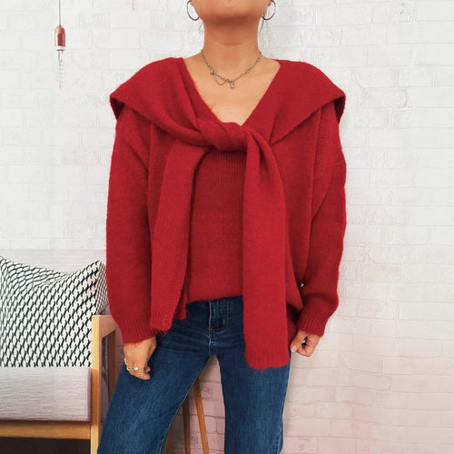 Damen lässiger Strickpullover mit abnehmbarer Kapuze und Knopfdetails R&B
