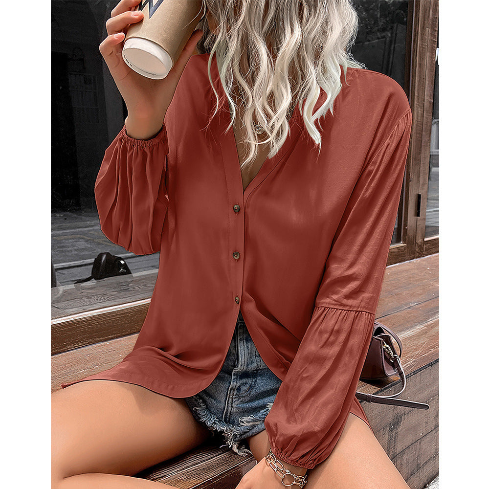 Damen lässige Bluse mit V-Ausschnitt und Ballonärmeln R&B
