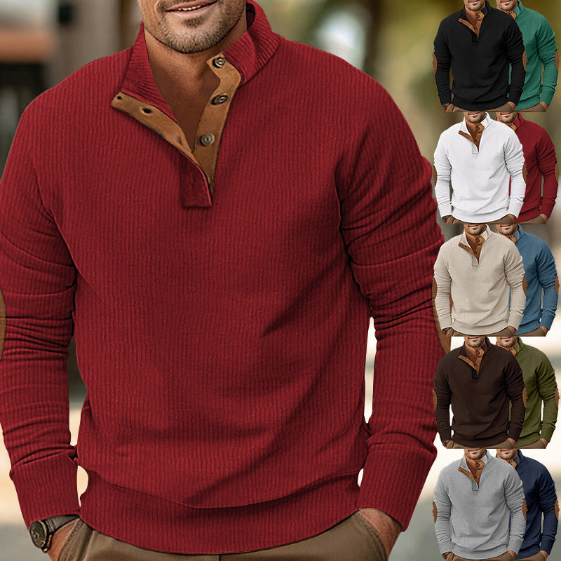 Herren nan strukturiertes Rugby-Pullover mit Stehkragen, Knopfleiste und Leder-Ellenbogenpatches R&B