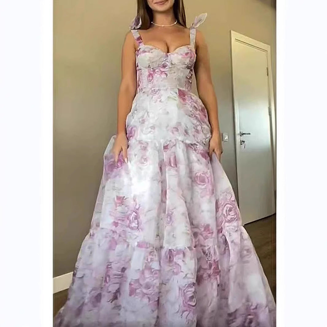 Damen Elegantes Maxikleid mit floralen Details und Rüschenträgern R&B