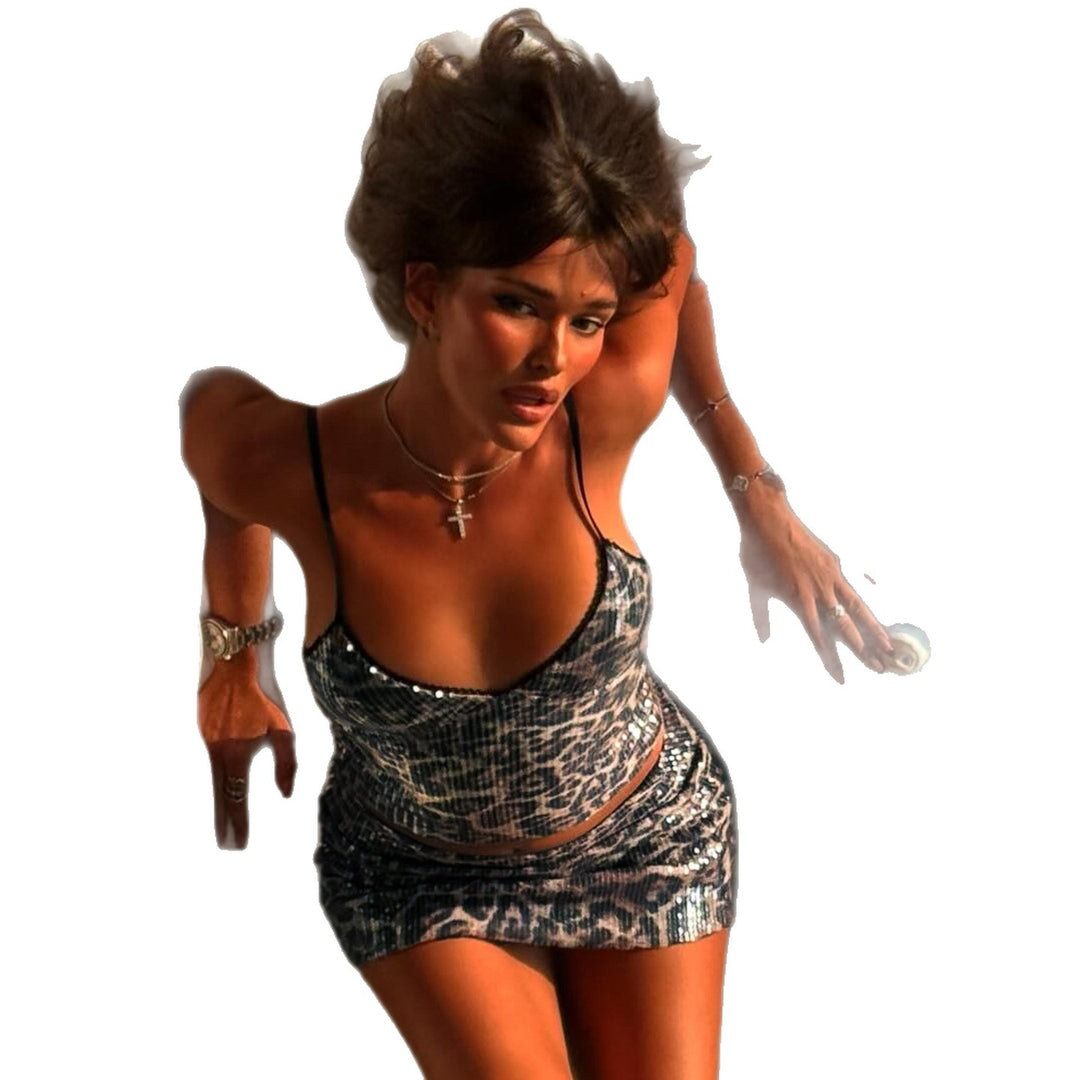 Damen Crop-Top und Minirock-Set mit Leopardenmuster und funkelnden Details R&B